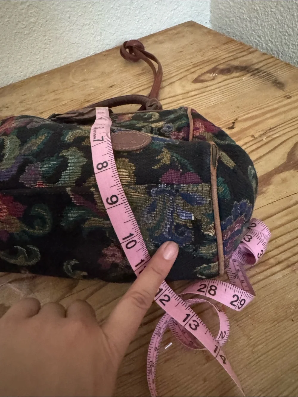 Liz Claiborne Black Floral Tapestry Satchel with Brown Trim small